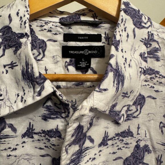 Treasure & Bond Men’s Short Sleeve Button-Up | Cowboy Print | Size Large | EUC - Picture 2 of 6